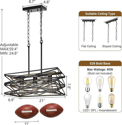 Sigaitwei 21''Farmhouse Dining Room Light Fixture,3-Light Kitchen Island Lighting,Industrial Chandelier for Dining Room Over Table Kitchen Bar,Linear Chandelier with Retro Wood Texture Interior
