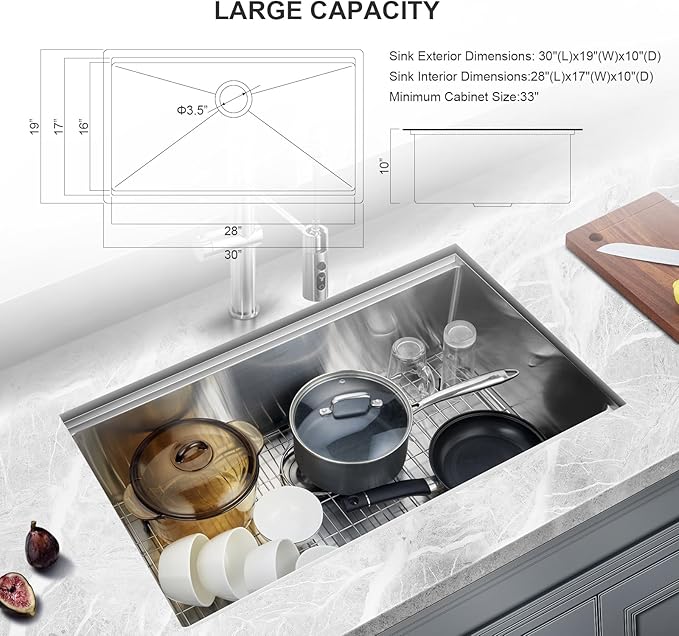 30 Inch Undermount Kitchen Sink Workstation, Stainless Steel Handmade 10”Deep Large Single Bowl Undermount Sink 30x19 with Accessories (Brushed)
