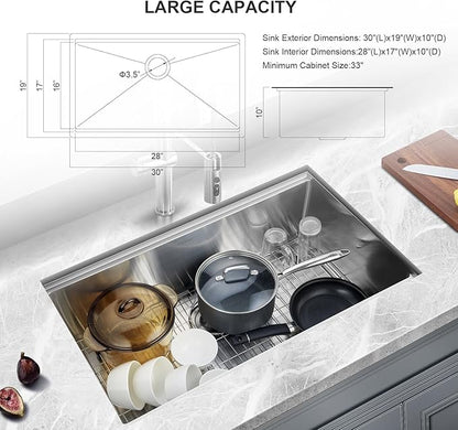 30 Inch Undermount Kitchen Sink Workstation, Stainless Steel Handmade 10”Deep Large Single Bowl Undermount Sink 30x19 with Accessories (Brushed)