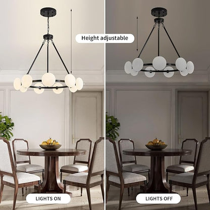 Modern Chandelier,Large Black Wagon Wheel Chandelier,Sputnik Pendant Light Fixture Over Table,Glass Globe Chandelier for Dining Room and Living Room