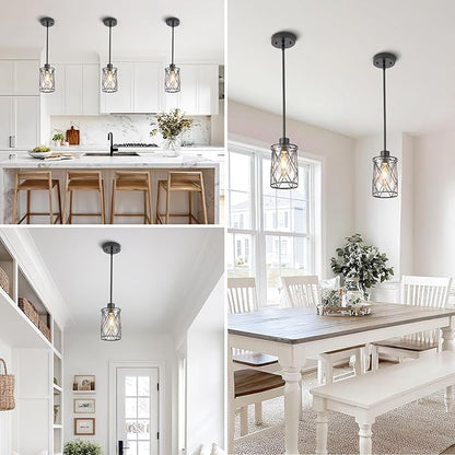 Refice Glass Pendant Lights Kitchen Island, Black Kitchen Hanging Light with Clear Glass, Farmhouse Cage Mini Pendant Lighting for Sink Dining Room Bedroom Bar, 3 Pack