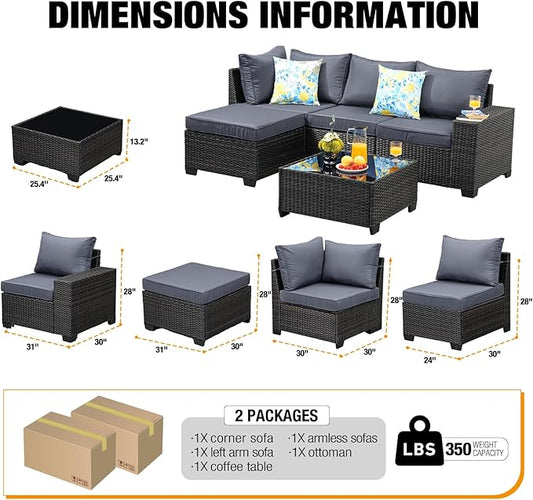 JOYURE 5 Pieces Patio Furniture Set All-Weather Outdoor Wicker Sectional Conversation Sofa Rattan Patio Seating Sofa with Cushion and Glass Table for Porch Poolside,Grey