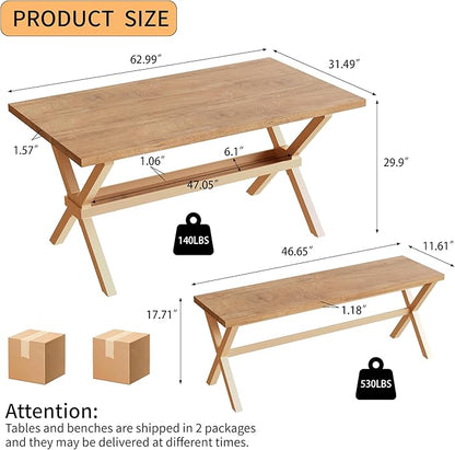 HIPIHOM 63" Dining Table Set with 2 Dining Benches for 4, Scratch Resistance MDF Kitchen Table with Sturdy Metal Legs, Small Dining Table Sets for 4 for Family Gatherings