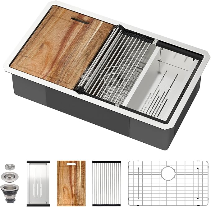 30 Inch Undermount Kitchen Sink 30x18 Workstation Undermount Sink Stainless Steel 16 Gauge 8 In Deep Single Bowl Under Counter with Accessories