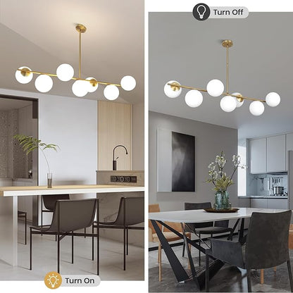 KELUOLY Linear Chandelier for Dining Room, 7-Light Gold Mid Century Pendant Light, 45" Modern Sputnik Kitchen Light Fixture Brushed Brass Finish with White Glass Lampshade for Office, Cafe, bar
