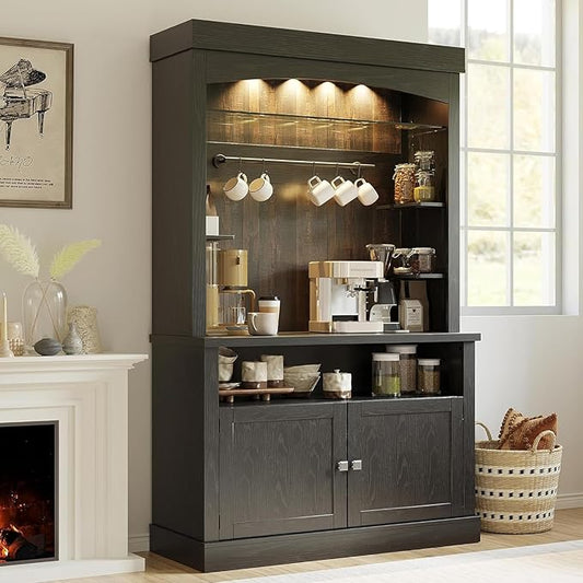 GarveeHome Coffee Bar Cabinet with LED Lights 72 in Tall Buffet Cabinet with Storage Farmhouse Kitchen Sideboard Tall Coffee Hutch with Microwave Stand/Wine Rack/Glass Shelf Dining Room (Black Oak)
