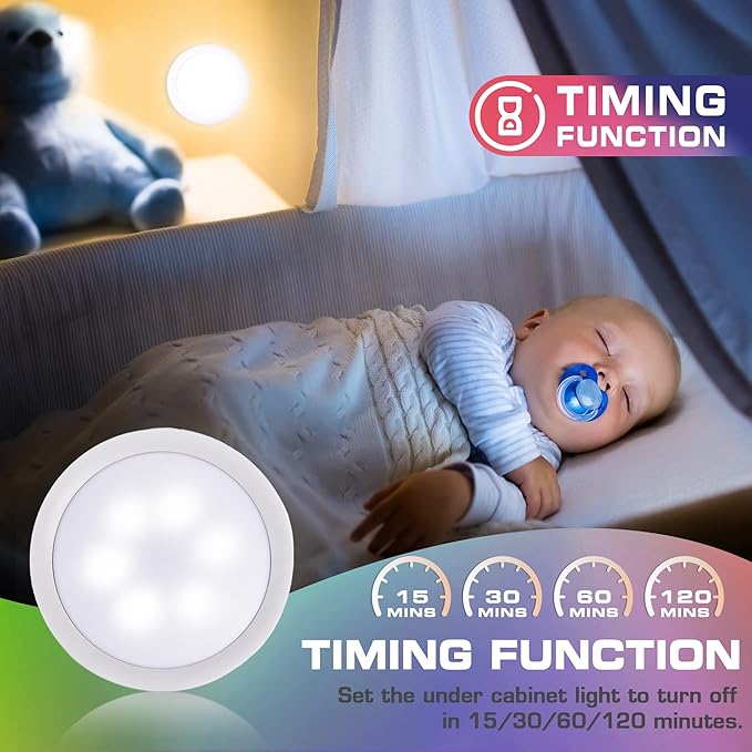 EverBrite Puck Lights with Remote, Wireless LED Battery Operated, Under Cabinet Timer, Stick on Light, Closet Light Dimmable for Closet, Bedroom, Included (6-Pack)