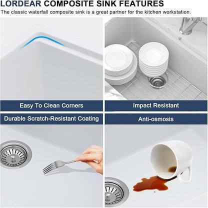 Lordear 28 White Undermount Kitchen Sink Composite Granite Sink 28x19 Inch Quartz Sinks Workstation Under Counter Kitchen Sinks