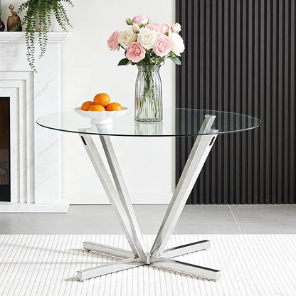 Round Dining Table for 4 6 People, 45.3" Modern Glass Kitchen Table, Circle Silver Dinner Table with 0.32" Thick Tempered Glass Top and Metal Legs, Glass Dining Room Furniture for Kitchen Living Room