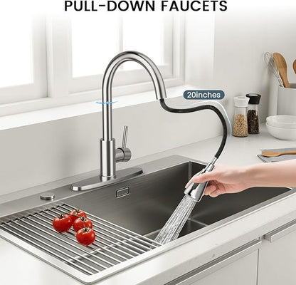 FEELSO Kitchen Faucets with Pull Down Sprayer, High Arc Stainless Steel Single Handle Kitchen Sink Faucet, 1 or 3 Hole Brushed Nickel Water Faucets for Farmhouse Laundry Camper Rv Bar