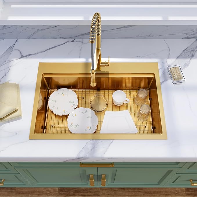 33x22 Inch Gold Drop In Kitchen Sink, 16 Gauge 304 Stainless Steel Sink, Topmount Workstation Kitchen Sink Single Bowl, Large Deep Gold Sink with Ledge & Full Accessories