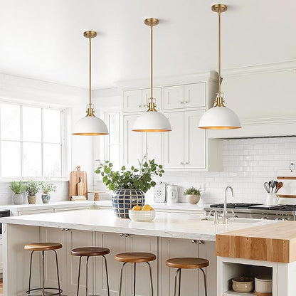 LamQee 13 Inch White and Gold Metal Pendant Light Kitchen Island, Farmhouse Modern Dome Pendant Light Fixtures Ceiling Hanging Lighting Chandelier for Dining Room Over Table, Bar, Hallway, Entryway
