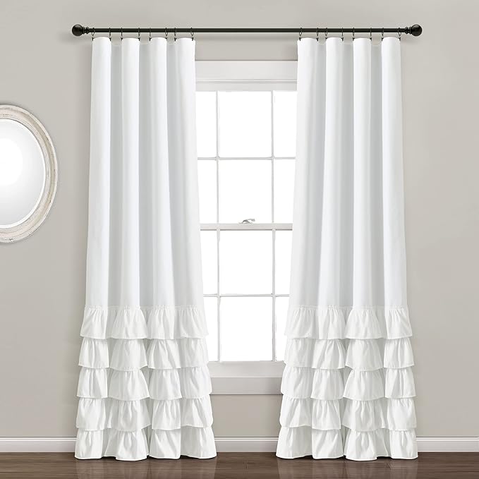 Lush Decor Allison Ruffle 100% Blackout Window Curtain Single 40" W x 84" L White - White Blackout Curtains for Bedroom or Nursery - Coquette Curtains