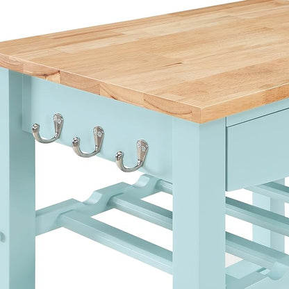 Convenience Concepts Ellaine Butcher Block Kitchen Cart 24.75" - 4 Tier Kitchen Island with Storage Drawer, Dining Room Wine Rack on Wheels, Coffee Station Table, Mobile Utility Trolley, Sea Foam