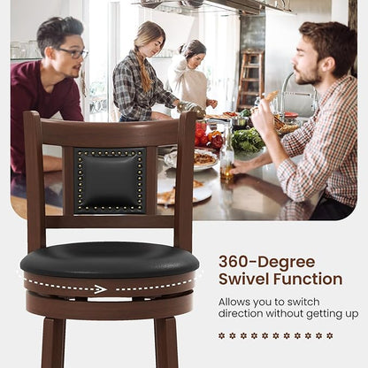 ERGOMASTER Set of 2 Swivel Bar Stools 30.5 Inch Height - 360° Rotating PU Leather Counter Stools with Backrest & Footrest, Brown Tobacco Wood Kitchen Island Stools, 250 lbs Capacity