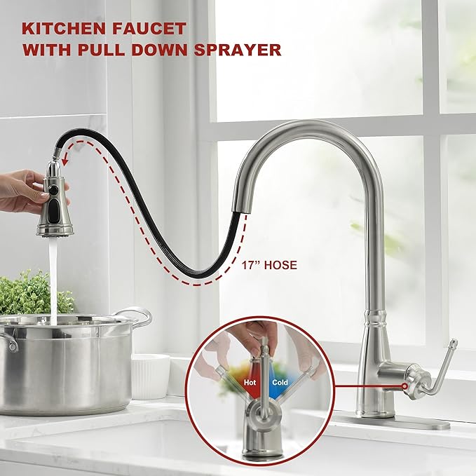 Kitchen Faucet with Pull Down Sprayer, 17 inch Brushed Nickel Antique Single Handle Pull Out Kitchen Sink Faucet with Deck Plate for Classic Modern Ktichen