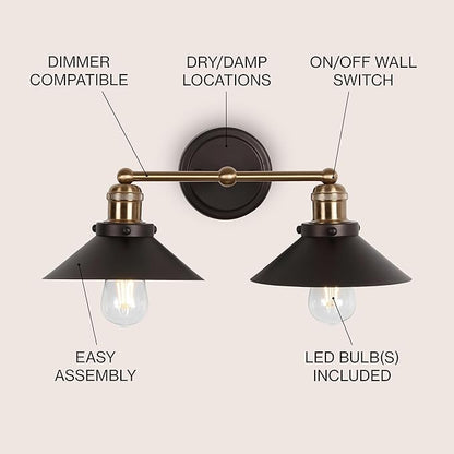 JONATHAN Y 17.5" Oil Rubbed Bronze/Brass Gold 2-Light Industrial Farmhouse Metal Vanity Light Wall Sconce, Metal Shade for Bathroom Mirror, Kitchen, Entryway, LED Bulb Included (JYL7427C)