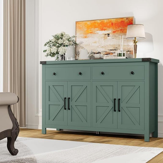 VVFLU Buffet Cabinet with Storage Farmhouse with 4 Doors and 2 Drawers, 55'' Large Kitchen Storage Cabinet Green Wood Coffee Bar Buffet Sideboard for Kitchen, Dining Room, Living Room