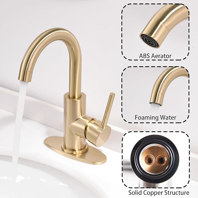 Gold Bathroom Faucets with Pop-Up Drain, Modern Single Hole Bathroom Sink Faucet with Deck Plate Single Handle Lavatory Faucets Brushed Gold Bar Vanity Faucet
