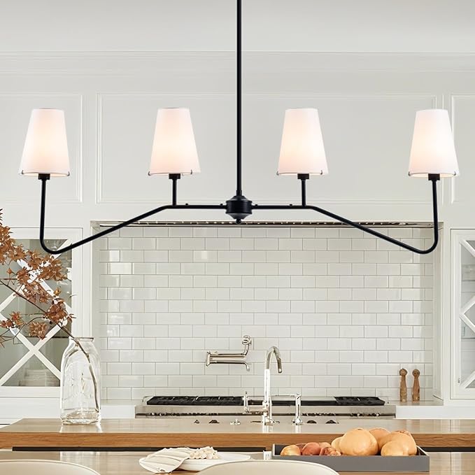 VILUXY Classic Linear Chandelier Off-White Fabric Modern Kitchen Island Pendant Lighting for Indoor, Dining Room, Living Room, Restaurant 4-Light