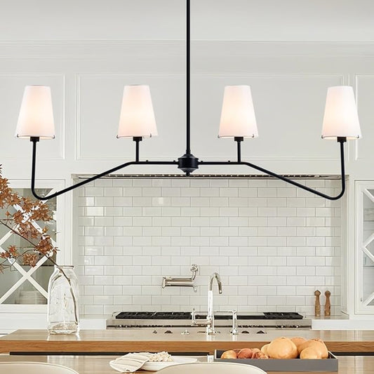 VILUXY Classic Linear Chandelier Off-White Fabric Modern Kitchen Island Pendant Lighting for Indoor, Dining Room, Living Room, Restaurant 4-Light