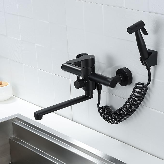 Kitchen Sink Wall Mount Faucet, Matte Black Commercial Faucet with Side Sprayer, Stainless Steel Mixer Tap, Unility Sink Faucet, 7.5-8.5 Inches Center, Spout Reach 9.2"