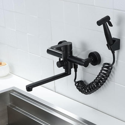 Kitchen Sink Wall Mount Faucet, Matte Black Commercial Faucet with Side Sprayer, Stainless Steel Mixer Tap, Unility Sink Faucet, 7.5-8.5 Inches Center, Spout Reach 9.2"