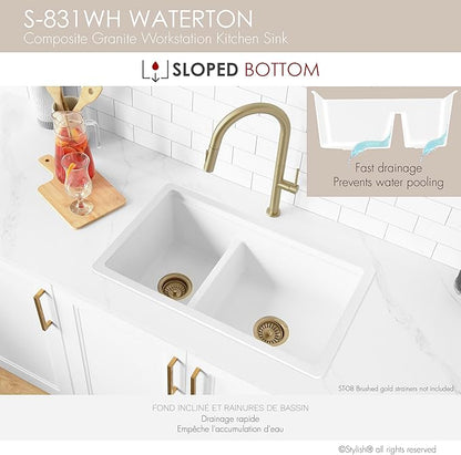 Stylish 30 x 18 Inch Composite Granite Workstation Kitchen Sink, 60/40 Double Bowl Under Mount & Drop in, 9.5 in Deep, Reversible, with Cutting Board, Colander, Colander & Strainer, White, S-831WH