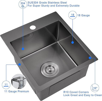 MENATT 18" x 18" Single Bowl Drop In Kitchen Sink, 18 Gauge 304 Stainless Steel Handmade Bar Sink Single Faucet Hole Topmount Kitchen Sink,Black