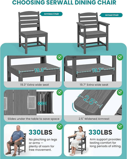 SERWALL Patio Dining Sets for 10 Person, HDPE Dining Set with 2 Tables, 8 Armless Chairs and 2 Armed Dining Chairs, Gray