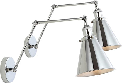 JONATHAN Y 7" Chrome Classic Industrial Metal Adjustable Arm LED Wall Sconce for Bedside Reading, Farmhouse Swing Arm Wall Lamp with Metal Shade, Hardwired (JYL7460A-SET2)