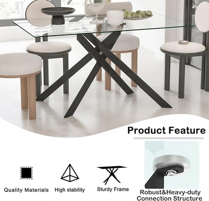 Henf 51in Glass Dining Table for 4 or 6, Rectangle Kitchen Table with X Shape Metal Legs, Tempered Glass Top Dining Room Table for 4