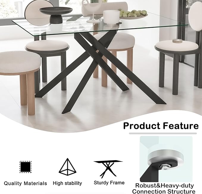 51.2-Inch Glass Dining Table for 4, Rectangular Dining Room Table for 4, X-Shape Black Metal Legs, Kitchen Dining Room Living Room Glass Kitchen Table for 2