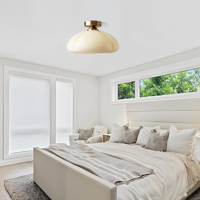 Bofea-Modern Gold Semi Flush Mount Ceiling Light Schoolhouse Ceiling Light Fixture Gold Overhead Lights Fixture with Cream Glass Shade Brass Semi Flush Lamp for Bedroom Hallway Kitchen