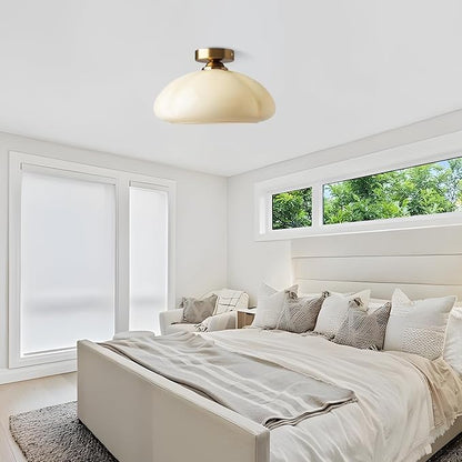 Bofea-Modern Gold Semi Flush Mount Ceiling Light Schoolhouse Ceiling Light Fixture Gold Overhead Lights Fixture with Cream Glass Shade Brass Semi Flush Lamp for Bedroom Hallway Kitchen