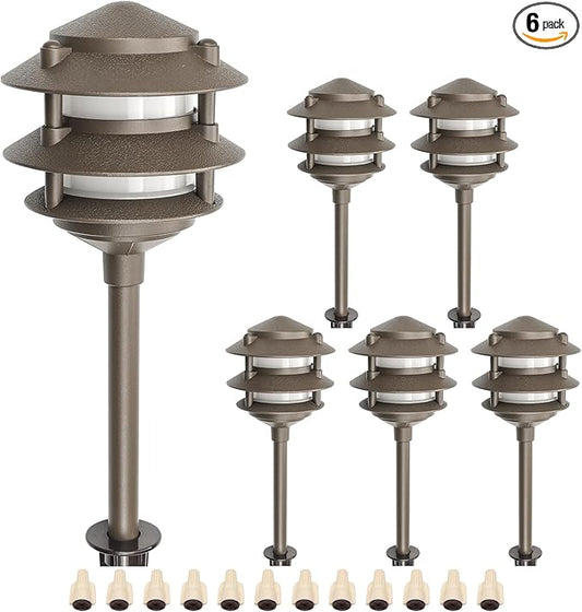 Lumina Lighting® Low Voltage Landscape Lighting Cast-Aluminum Pagoda Path and Area Light Warm White 4W G4 LED Bulb and ABS Ground Stake Included for Yard Walkway Lawn PAL0103-BZLED6 (Bronze, 6-Pack)