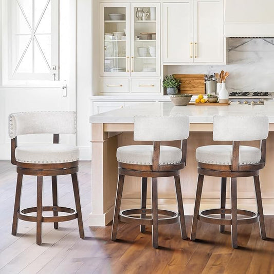 COLAMY Swivel Counter Height Bar Stools Set of 3, 25 Inch Modern Upholstered Kitchen Island Barstools with Back, Wood Swivel Bar Chairs for Dining Room, Beige