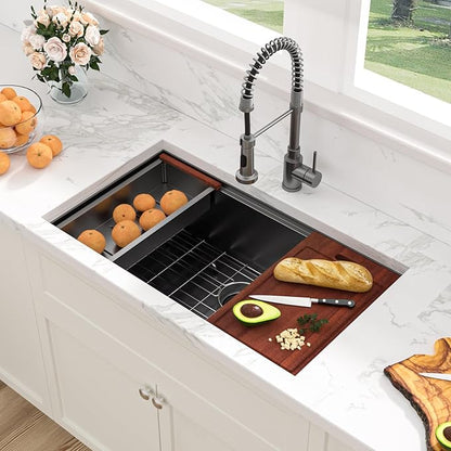 Sarlai 33 Kitchen Sink Undermount Gunmetal Black - 33x19 inch Kitchen Sink Ledge Workstation Gunmetal Black 16 Gauge Stainless Steel Under Counter Single Bowl