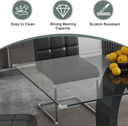 5-Piece Glass Dining Table Set, 63" Black Kitchen Table with O-Shape MDF Base, Dining Room Set for 4 with 4 Leather Upholstered Chair for Kitchen, Dining Room (Black,Silver)