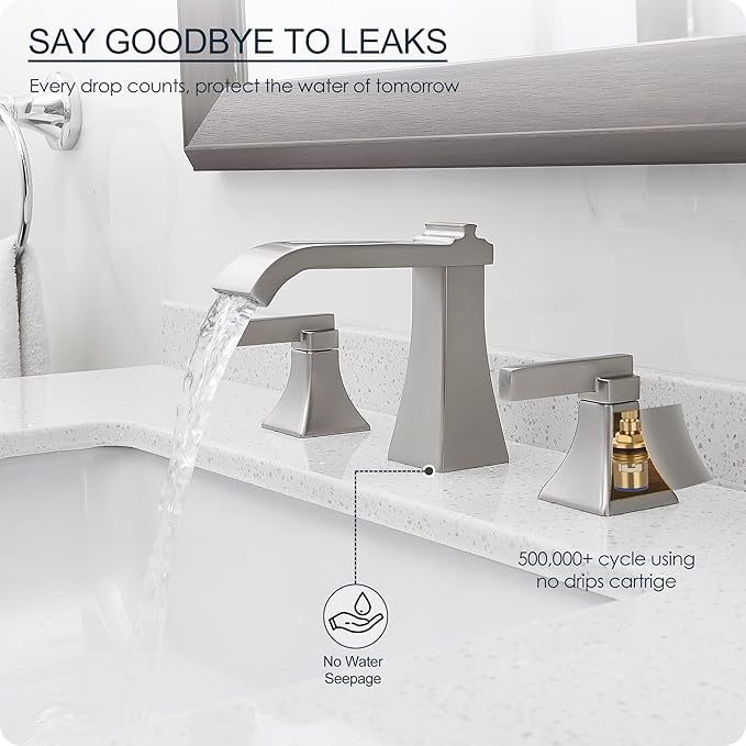 Brushed Nickel Bathroom Faucet 3 Hole, Brass Waterfall 8 Inch Widespread Bathroom Sink Faucet with Pop-Up Drain, cUPC Supply Hoses, 2 Handles for Vanity, Restroom, Modern Hollowed Design