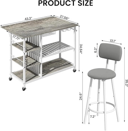 Recaceik Small Kitchen Island Table for 2 with Storage & Seating, Drop Leaf Dining Table Set for Small Space (Grey)
