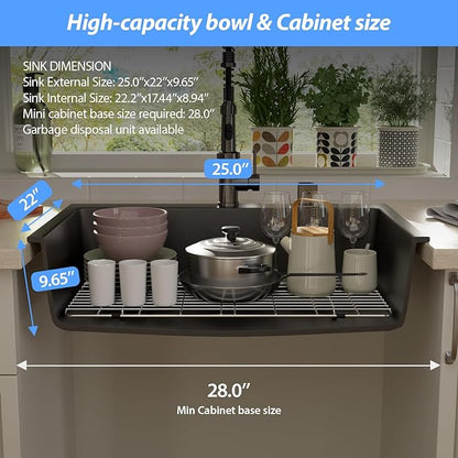 Lordear 25 Inch Black Drop In Kitchen Sink Granite Composite 25x22 Inch Quartz Black Deep Single Bowl Topmount Granite Kitchen Sinks