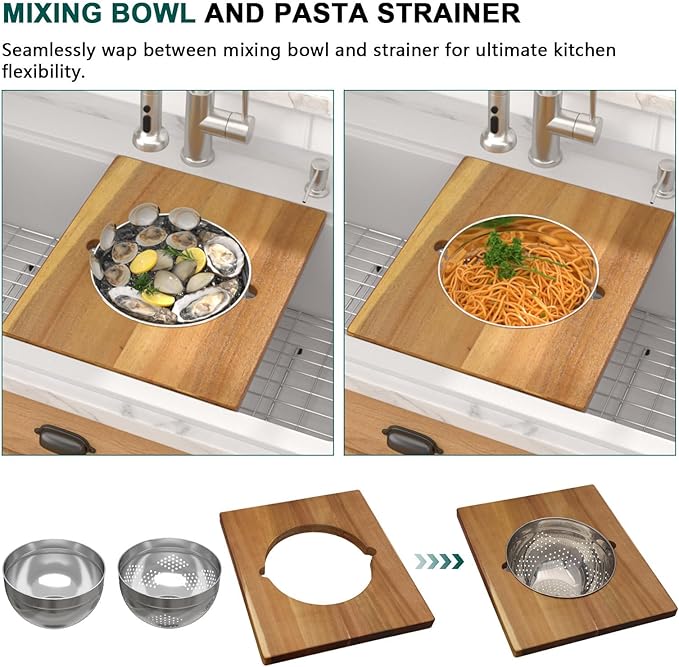 30x22 White Drop In Kitchen Sink - Granite Composite Single Bowl Classic Quartz-Based Workstation All-In One Sink with Mixing Bowl, Pasta Strainer, Two-Holes Configuration #TLGT-115