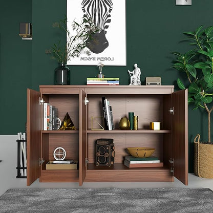 holzart 43" Walnut Brown Buffet Cabinet Sideboard with Storage - Modern 3-Door Wood Grain Kitchen Cupboard & Coffee Bar Station for Dining Room, Living Room - Adjustable Shelf, 43.3" W x 31.5" H