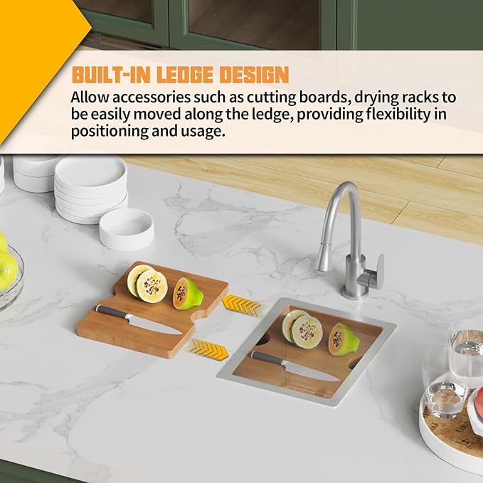 12x15In Kitchen And Bar Workstation Sink- Small Stainless Steel Undermount Single Bowl Bar Sink Built-in Ledge Drop In Workstation Sink With Accessory-SS Grid Cutting Board,Silicon Mat,Drain Assembly