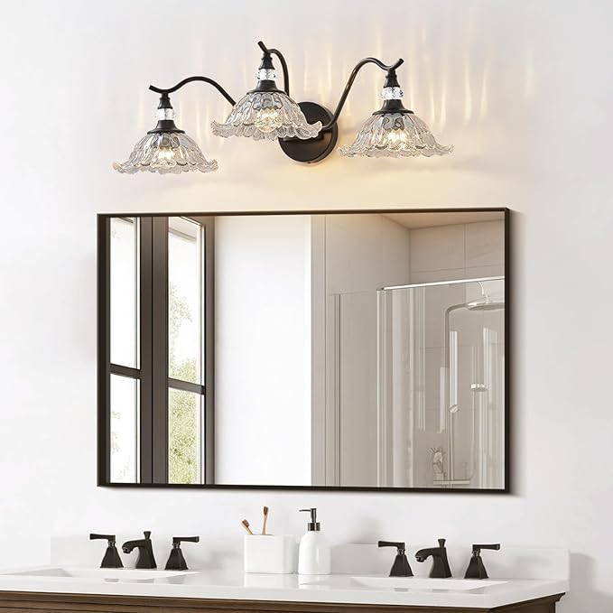 Vintage Bathroom Vanity Light Fixtures - 3 Light Antique Matte Black Bathroom Lights Fixture Over Mirror with Clear Flower Glass,Retro High End Wall-Mounted Vanity Lighting for Bath Powder Room