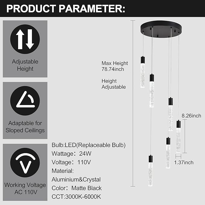 6 Light Pendant Lights Kitchen Island,Modern LED Bubble Crystal Pendants with Dimmable 3000K-6000K Ceiling Hanging Light Fixture for Dining Room Bedroom,Matte Black Finish,Adjustable Height 78"