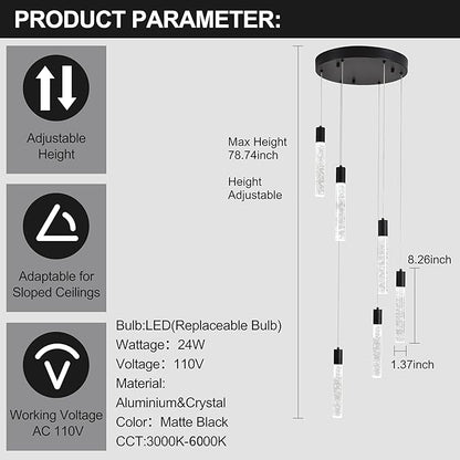 6 Light Pendant Lights Kitchen Island,Modern LED Bubble Crystal Pendants with Dimmable 3000K-6000K Ceiling Hanging Light Fixture for Dining Room Bedroom,Matte Black Finish,Adjustable Height 78"