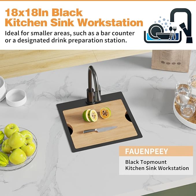 18x18 Inch Black Kitchen Sink Workstation - Stainless Steel Drop In Single Bowl Bar Sink Built-in Ledge Small Topmount Workstation Sink With Accessory-SS Grid Cutting Board,Silicon Mat,Drain Assembly