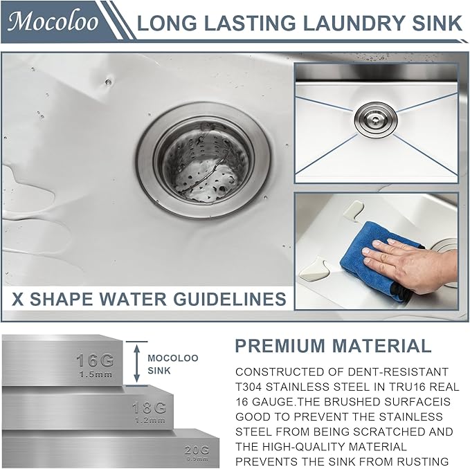 Mocoloo 22 Inch Drop In Laundry Sink - 22 x 22 x 12 Inch Laundry Room Sinks Topmount Kitchen Sinks Stainless Steel Deep Utility Sink 16 Gauge Square Single Bowl Handmade